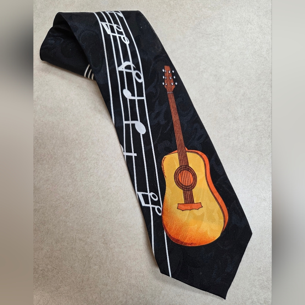 Florence & K Inc. Black With Acoustic Guitar Music Neck Tie